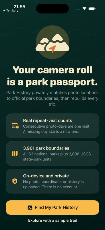 Park History onboarding explaining private photo matching