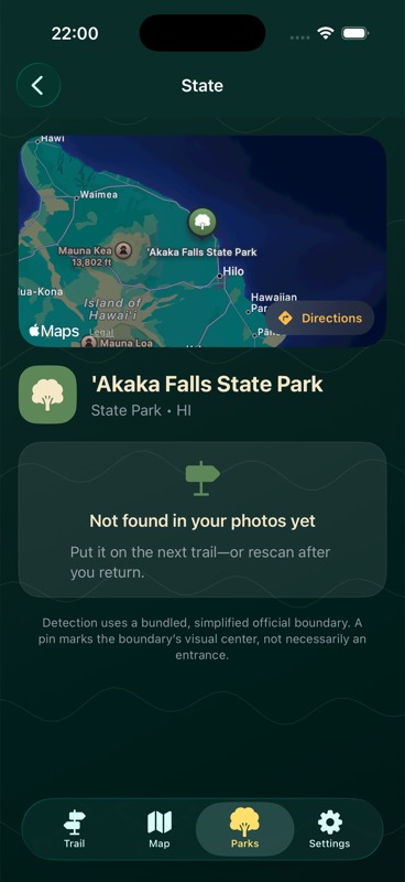 A discovered park with visit dates, photos, and directions