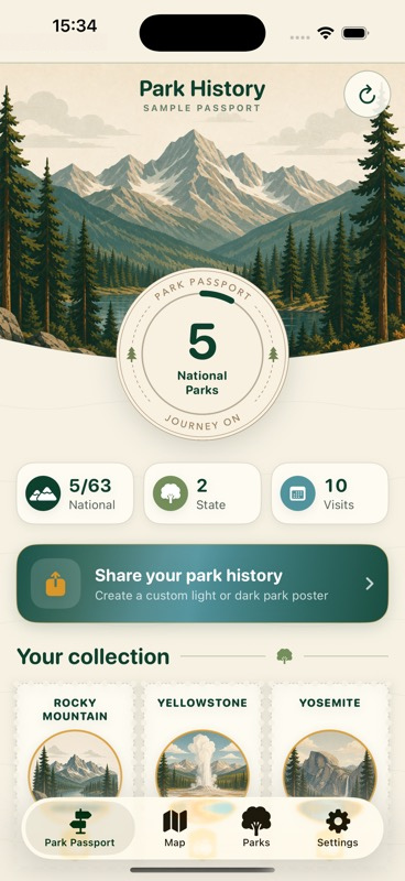 The Park History passport showing discovered parks and visits