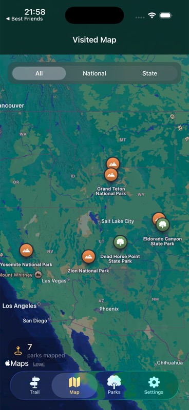 A map of national and state parks found by Park History